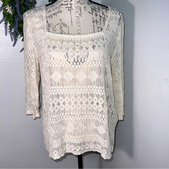 Lucky Brand,M, ivory geometric embroidered sheer lace square neck 3/4 sleeve top - Picture 1 of 9